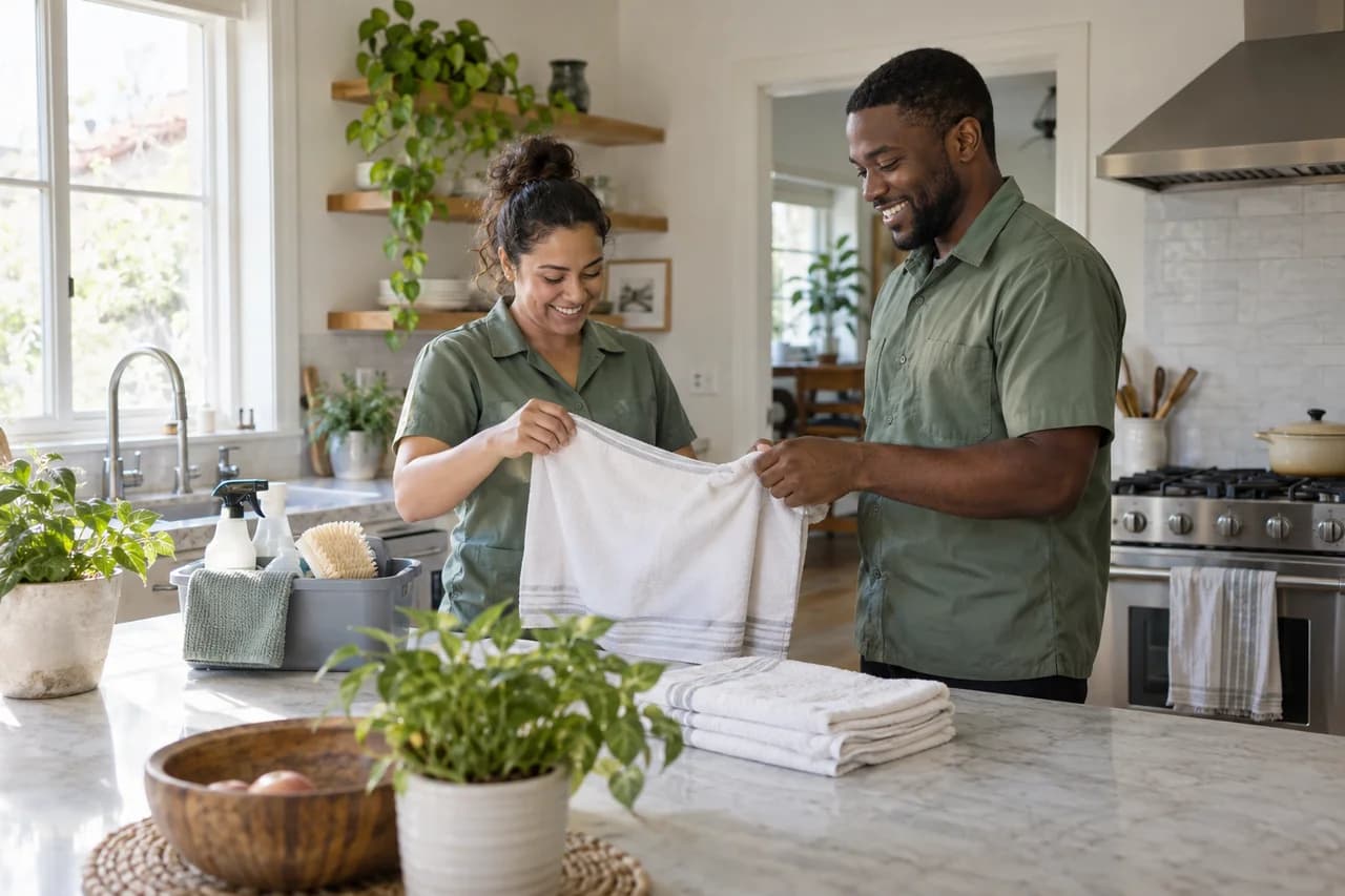 Two professional cleaners smiling as they finish work in a bright kitchen