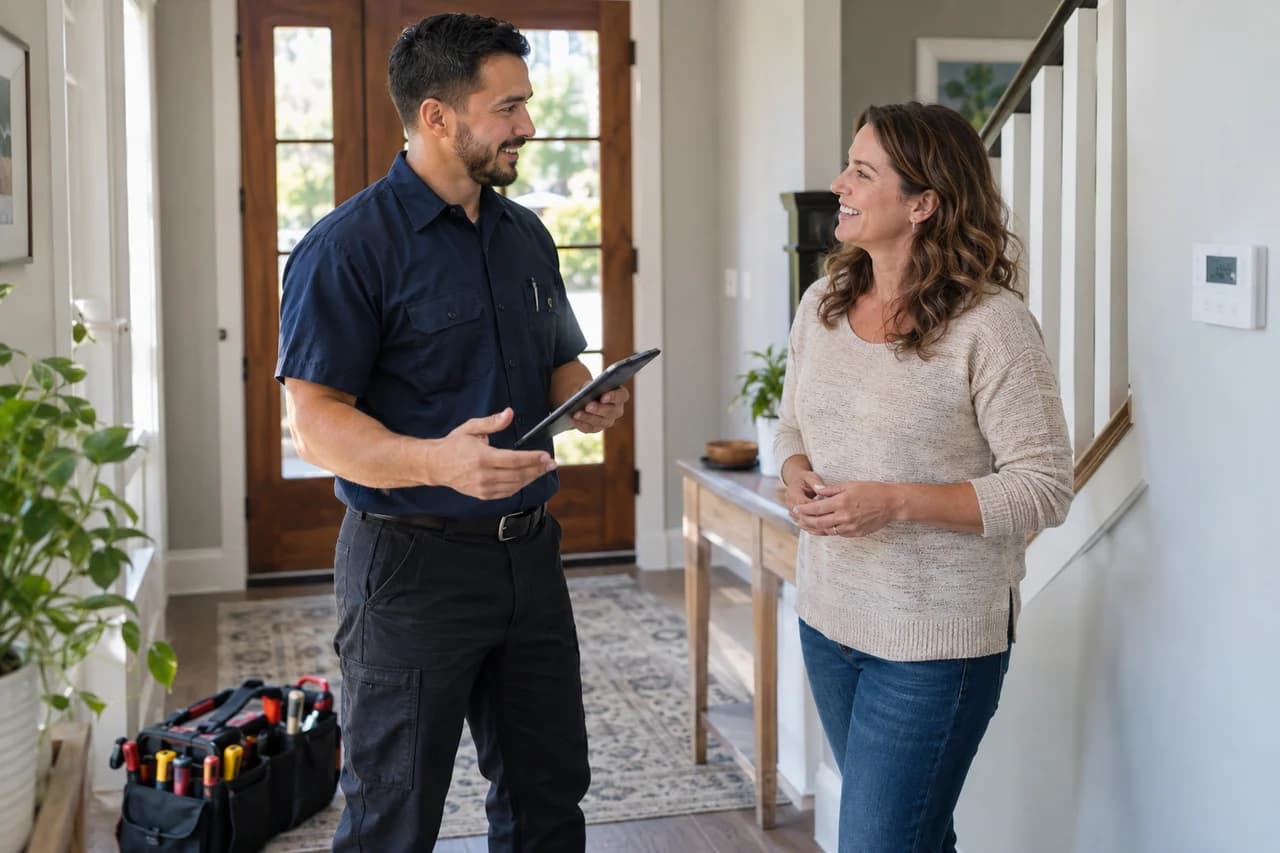 An HVAC technician and homeowner sharing a smile in a bright home entryway